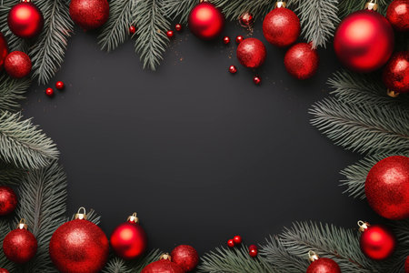 Fir tree branches with red christmas balls frameの素材