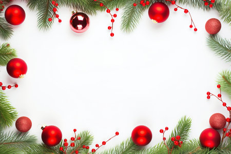Fir tree branches with red christmas balls frameの素材