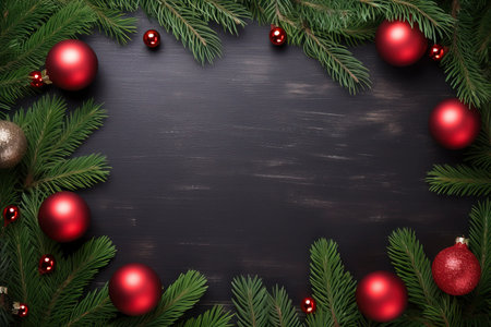 Fir tree branches with red christmas balls frameの素材