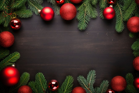 Fir tree branches with red christmas balls frameの素材