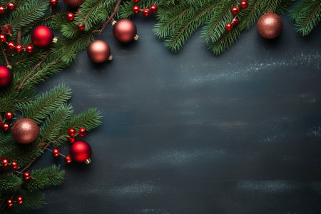 Fir tree branches with red christmas balls frameの素材