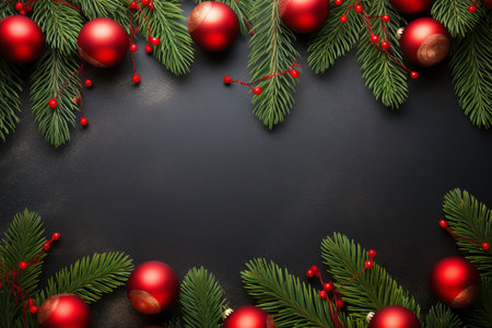 Fir tree branches with red christmas balls frameの素材