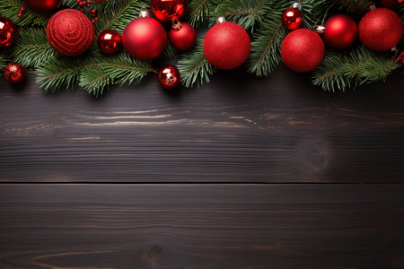 Fir tree branches with red christmas balls frameの素材