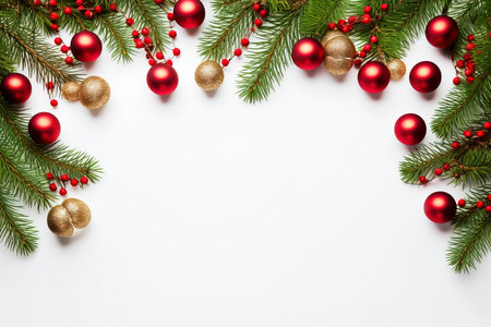Fir tree branches with red christmas balls frameの素材