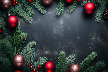 Fir tree branches with red christmas balls frameの素材