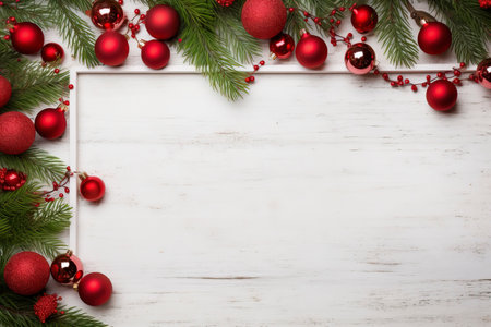 Fir tree branches with red christmas balls frameの素材