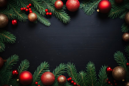 Fir tree branches with red christmas balls frameの素材