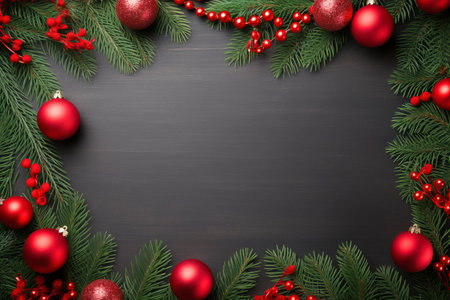 Fir tree branches with red christmas balls frameの素材