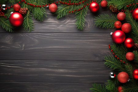 Fir tree branches with red christmas balls frameの素材