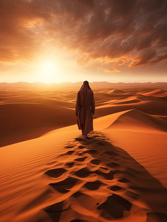 Handsome arabian man walking in the desert at sunsetの素材