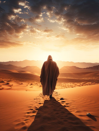 Handsome arabian man walking in the desert at sunsetの素材