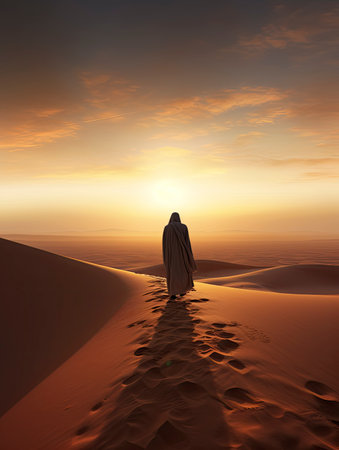 Handsome arabian man walking in the desert at sunsetの素材