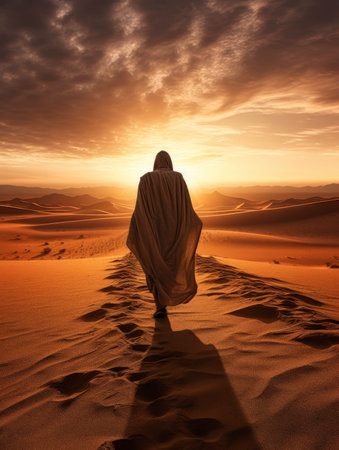 Handsome arabian man walking in the desert at sunsetの素材
