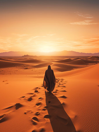 Handsome arabian man walking in the desert at sunsetの素材