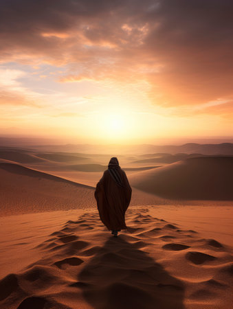 Handsome arabian man walking in the desert at sunsetの素材