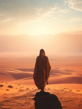 Handsome arabian man walking in the desert at sunsetの素材