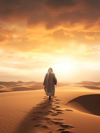 Handsome arabian man walking in the desert at sunsetの素材
