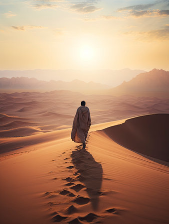 Handsome arabian man walking in the desert at sunsetの素材