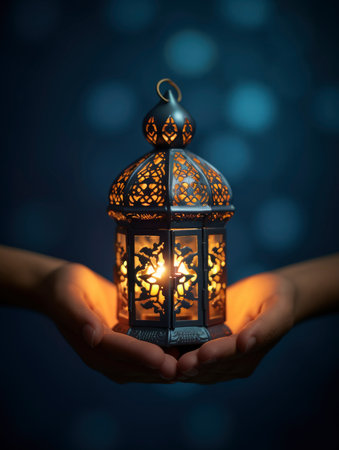 Hand holding a lantern on a dark background. Ramadan Kareem.の素材