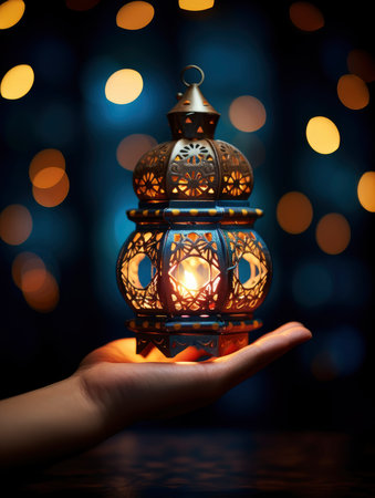 Hand holding a lantern on a dark background. Ramadan Kareem.の素材