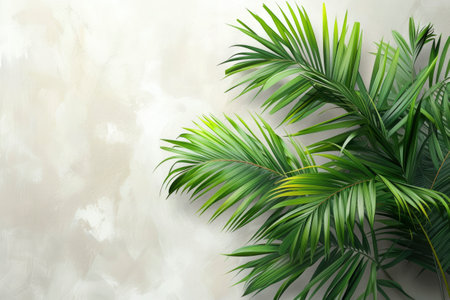 Palm leaves in sunlight. Tropical nature background. Copy space.の素材