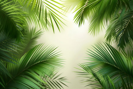 Palm leaves in sunlight. Tropical nature background. Copy space.の素材