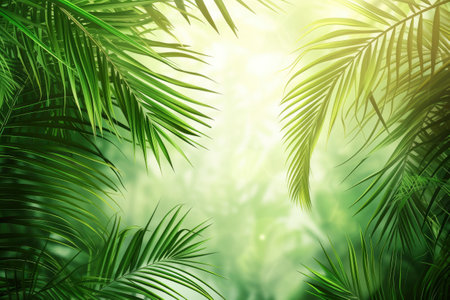 Palm leaves in sunlight. Tropical nature background. Copy space.の素材