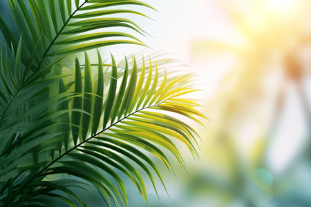 Palm leaves in sunlight. Tropical nature background. Copy space.の素材