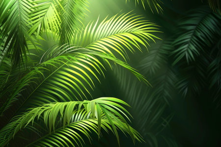 Palm leaves in sunlight. Tropical nature background. Copy space.の素材