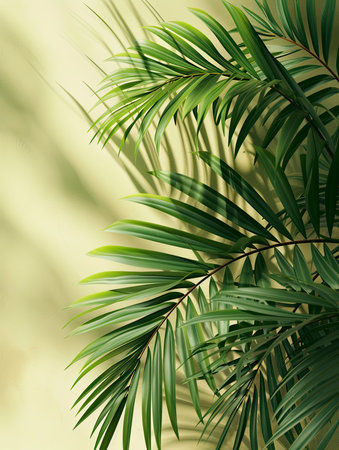 Tropical green palm leaves on white wall background. 3d render Palm Sunday Poster design, realistic, HD, copy spaceの素材