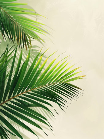 Tropical green palm leaves on white wall background. 3d render Palm Sunday Poster design, realistic, HD, copy spaceの素材