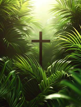 Tropical green palm leaves on white wall background. 3d render Palm Sunday Poster design, realistic, HD, copy spaceの素材