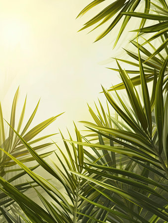 Tropical green palm leaves on white wall background. 3d render Palm Sunday Poster design, realistic, HD, copy spaceの素材