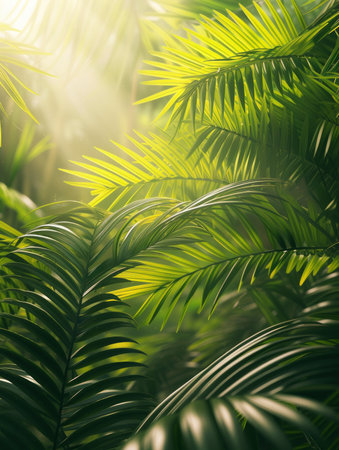 Tropical green palm leaves on white wall background. 3d render Palm Sunday Poster design, realistic, HD, copy spaceの素材