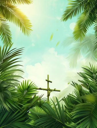 Tropical green palm leaves on white wall background. 3d render Palm Sunday Poster design, realistic, HD, copy spaceの素材