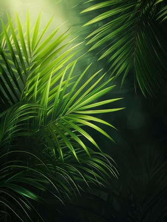 Tropical green palm leaves on white wall background. 3d render Palm Sunday Poster design, realistic, HD, copy spaceの素材