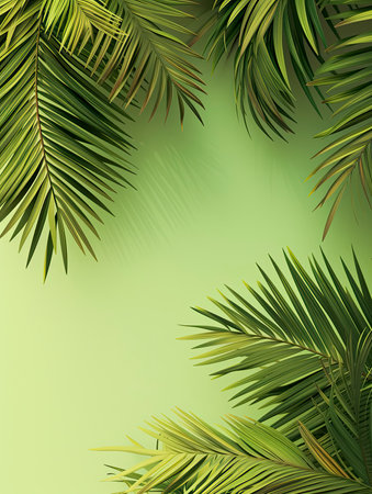 Tropical green palm leaves on white wall background. 3d render Palm Sunday Poster design, realistic, HD, copy spaceの素材