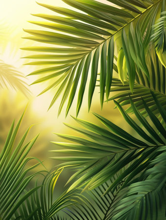 Tropical green palm leaves on white wall background. 3d render Palm Sunday Poster design, realistic, HD, copy spaceの素材