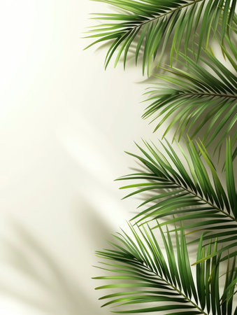 Tropical green palm leaves on white wall background. 3d render Palm Sunday Poster design, realistic, HD, copy spaceの素材