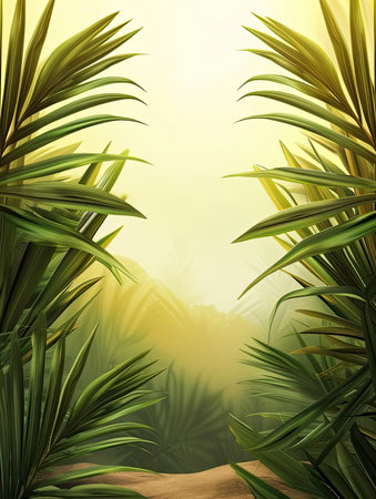 Tropical green palm leaves on white wall background. 3d render Palm Sunday Poster design, realistic, HD, copy spaceの素材