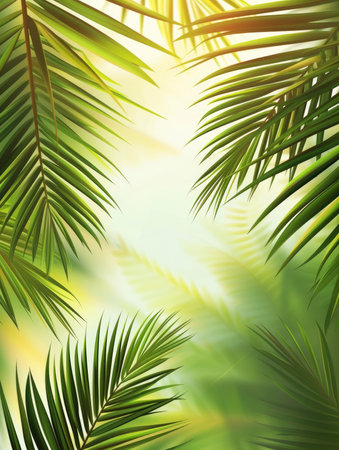 Tropical green palm leaves on white wall background. 3d render Palm Sunday Poster design, realistic, HD, copy spaceの素材