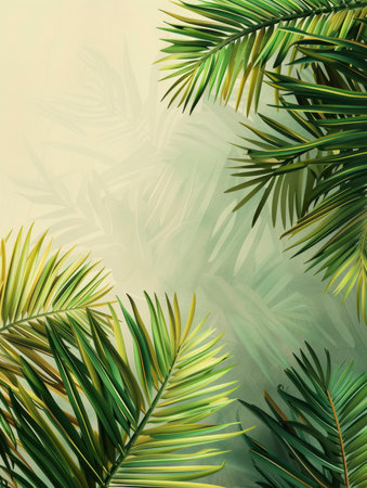 Tropical green palm leaves on white wall background. 3d render Palm Sunday Poster design, realistic, HD, copy spaceの素材