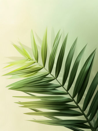 Tropical green palm leaves on white wall background. 3d render Palm Sunday Poster design, realistic, HD, copy spaceの素材