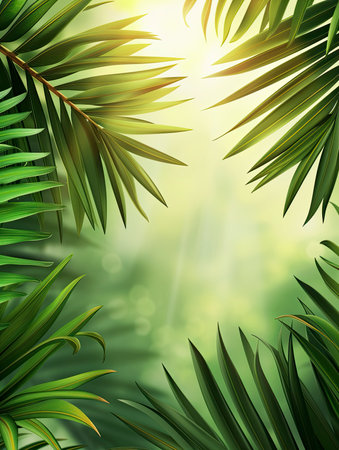 Tropical green palm leaves on white wall background. 3d render Palm Sunday Poster design, realistic, HD, copy spaceの素材