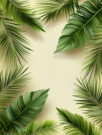 Tropical green palm leaves on white wall background. 3d render Palm Sunday Poster design, realistic, HD, copy spaceの素材