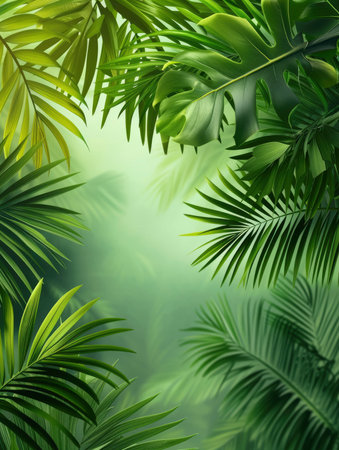 Tropical green palm leaves on white wall background. 3d render Palm Sunday Poster design, realistic, HD, copy spaceの素材
