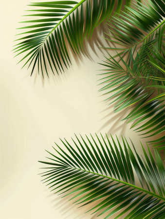Tropical green palm leaves on white wall background. 3d render Palm Sunday Poster design, realistic, HD, copy spaceの素材