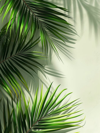 Tropical green palm leaves on white wall background. 3d render Palm Sunday Poster design, realistic, HD, copy spaceの素材