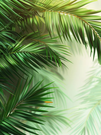 Tropical green palm leaves on white wall background. 3d render Palm Sunday Poster design, realistic, HD, copy spaceの素材