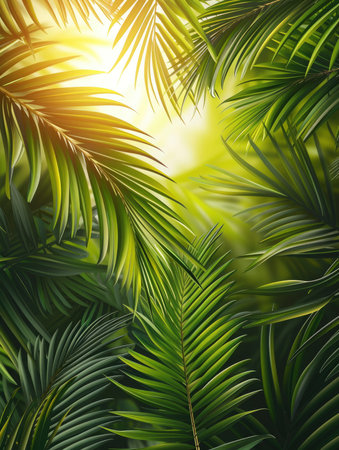 Tropical green palm leaves on white wall background. 3d render Palm Sunday Poster design, realistic, HD, copy spaceの素材